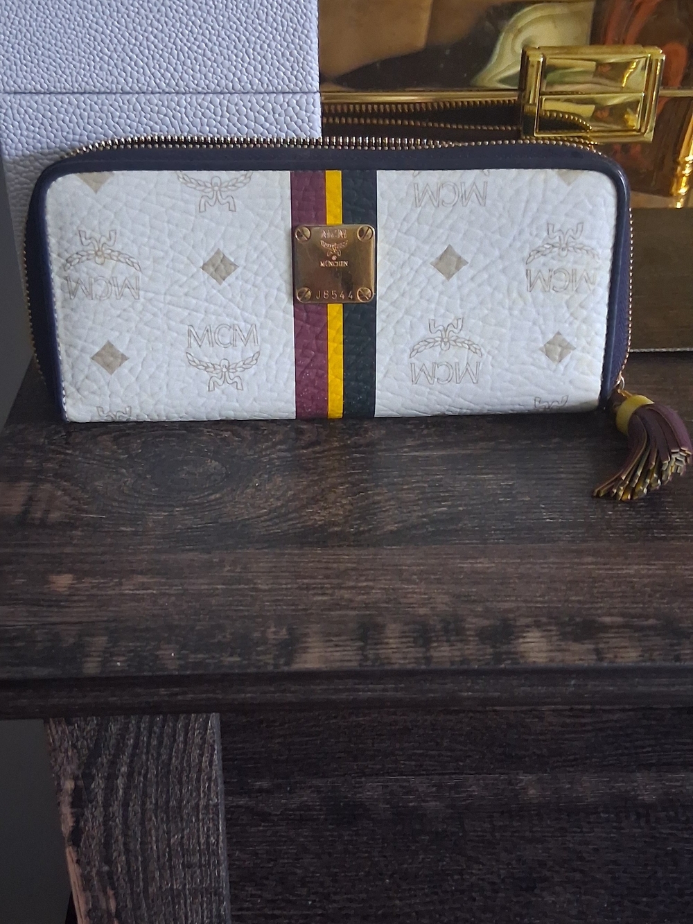 💯Authentic MCM White Logo Zip-Around Wallet with Burgundy and Yellow Stripe